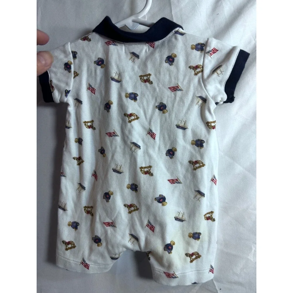 Ralph Lauren Polo Bear Romper 3M White Americana Print Baby Boy